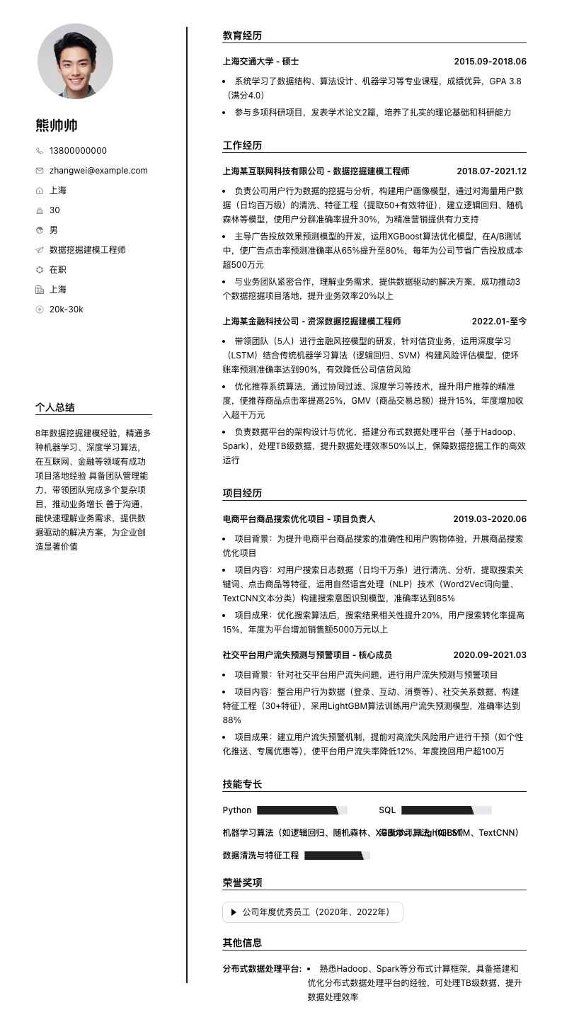 数据挖掘建模工程师简历模板