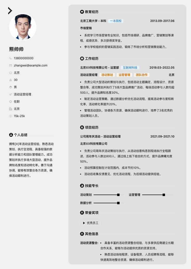 活动运营经理简历模板