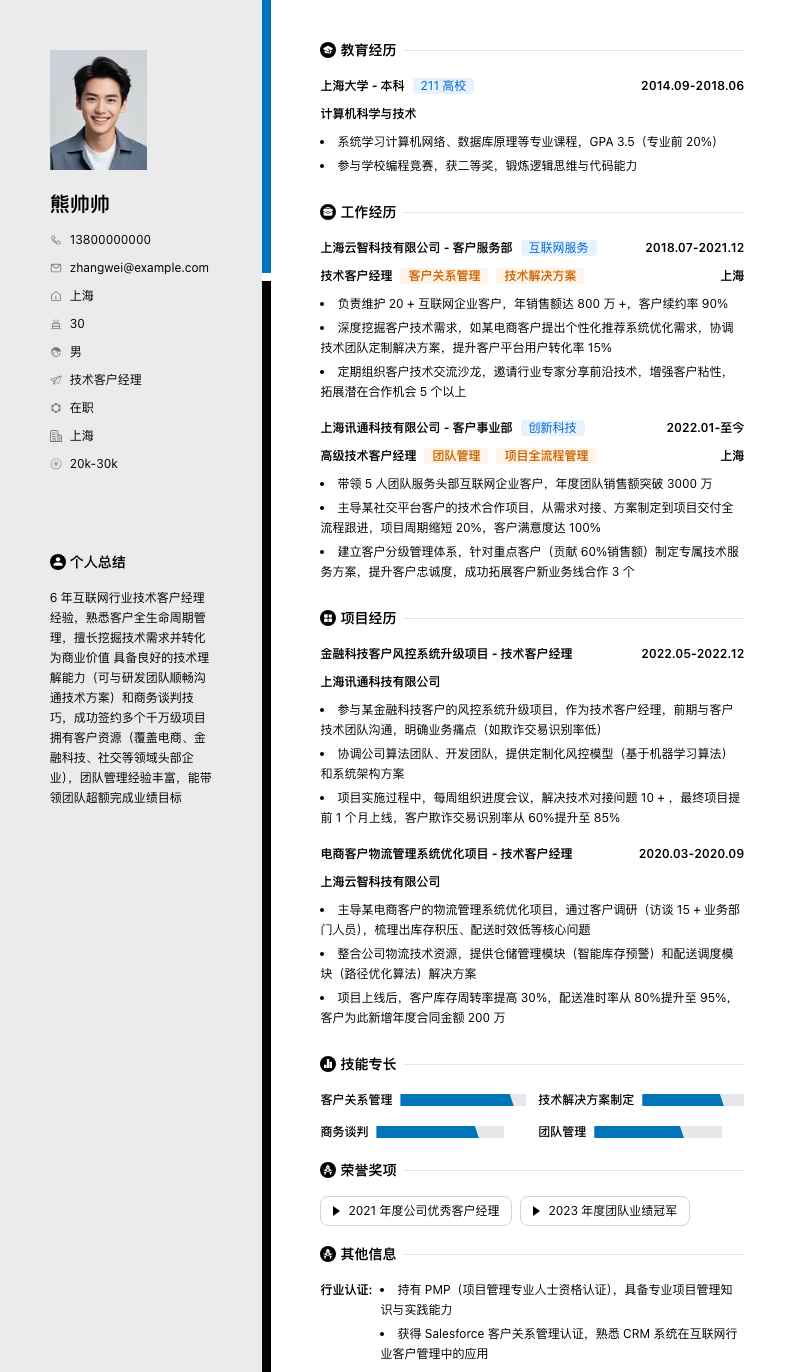 技术客户经理简历模板