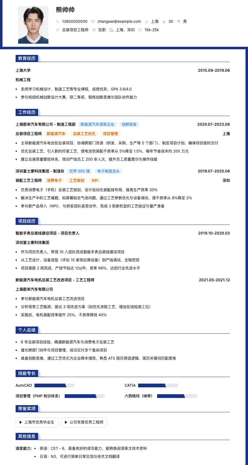 总装项目工程师简历模板