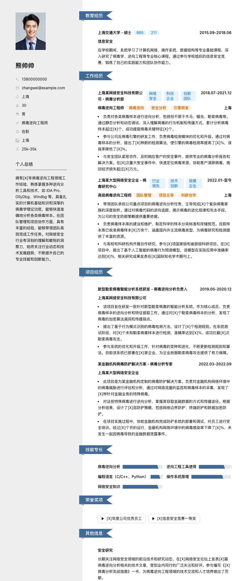 病毒逆向工程师简历模板