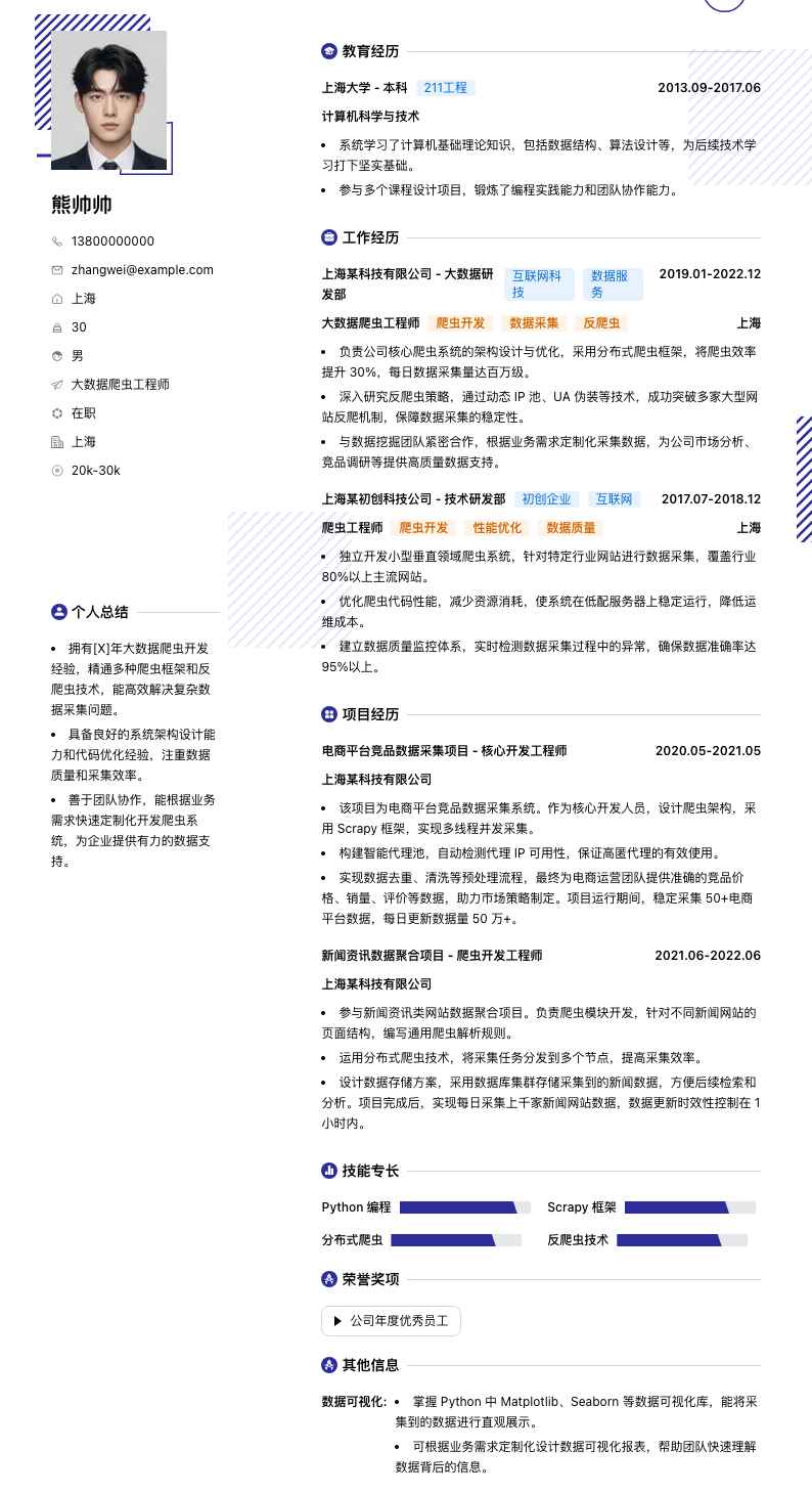 大数据爬虫工程师简历模板