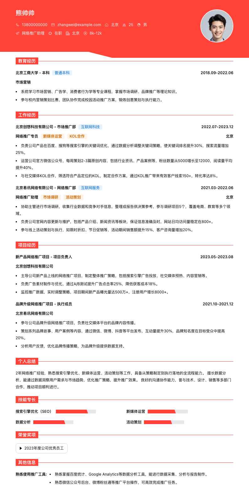 网络推广助理简历模板