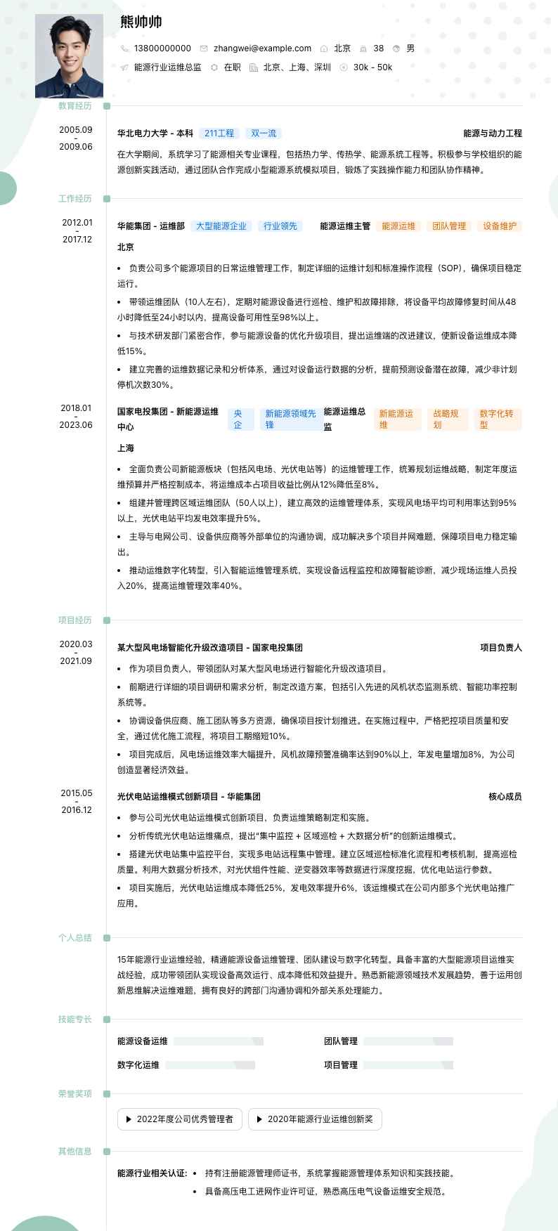能源行业运维总监简历模板