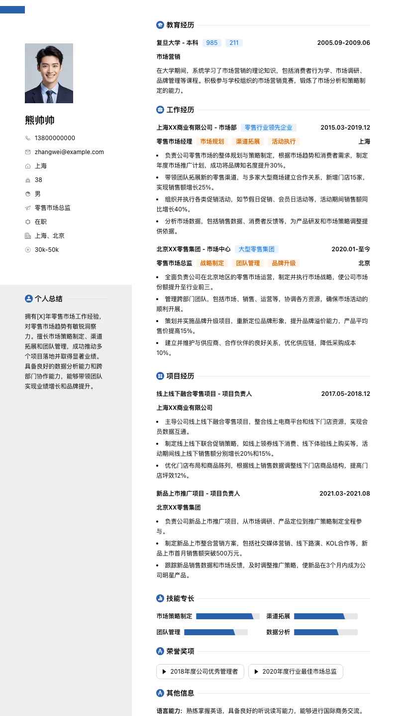 零售市场总监简历模板
