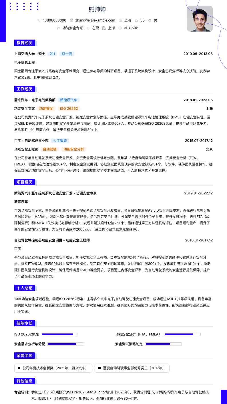 功能安全专家简历模板