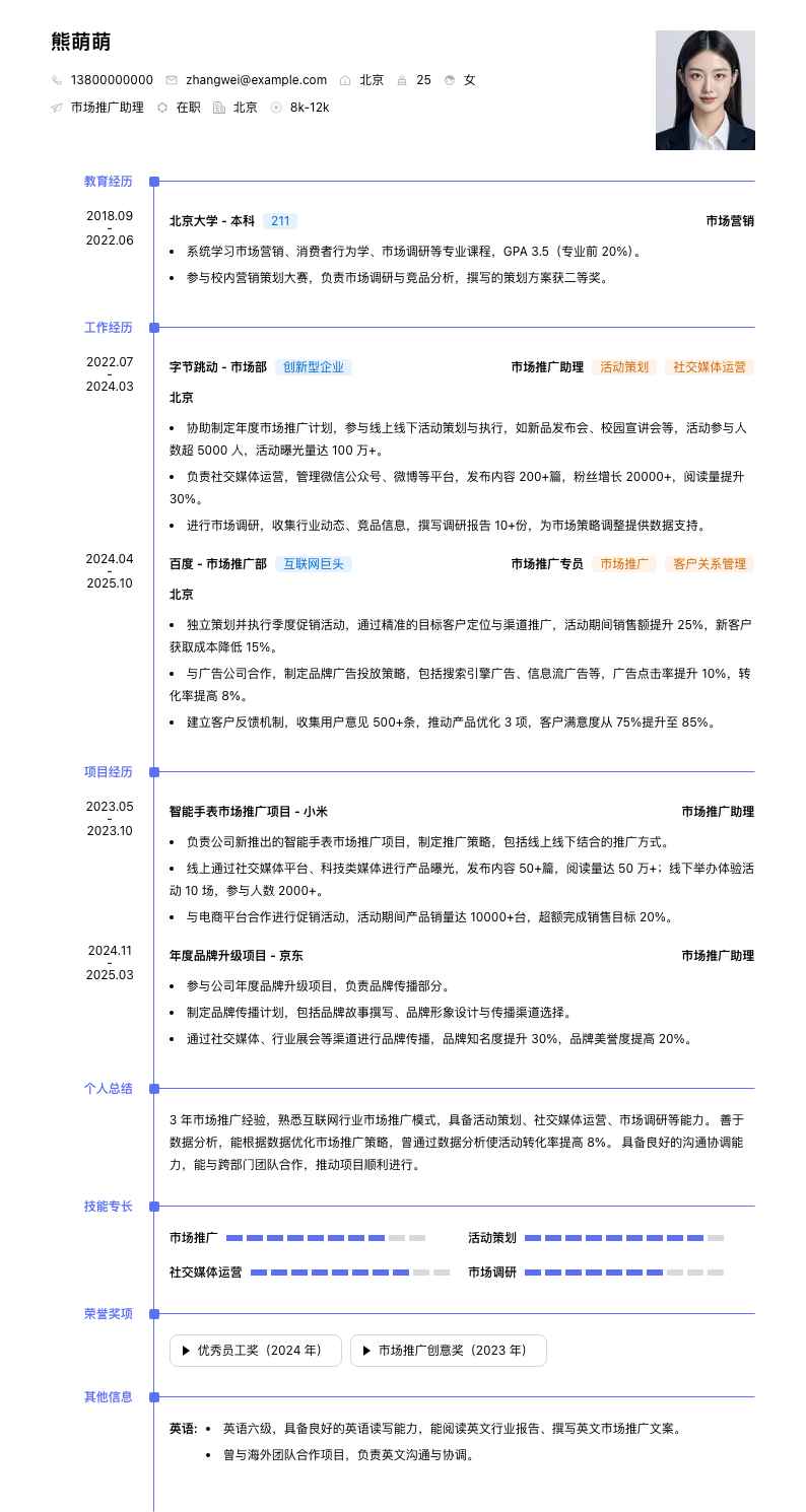 市场推广助理简历模板