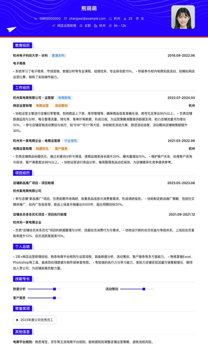 网店运营助理简历模板