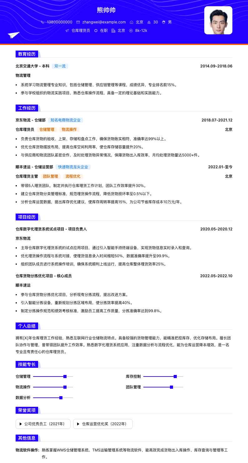 仓库理货员简历模板
