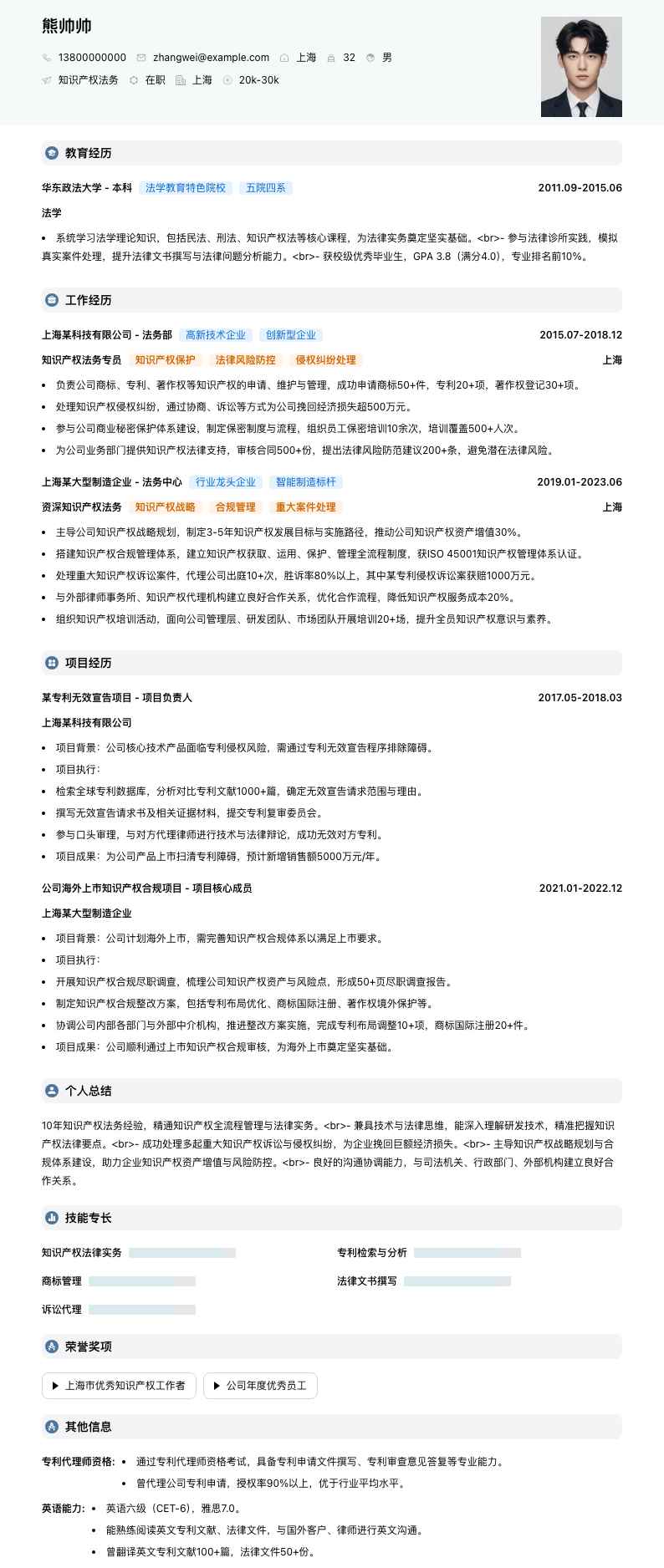 知识产权法务简历模板