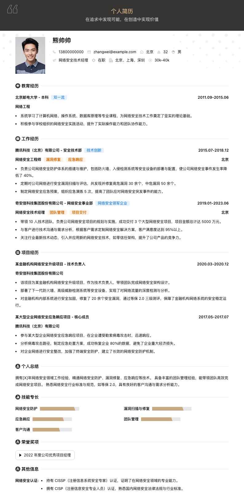 网络安全技术经理简历模板
