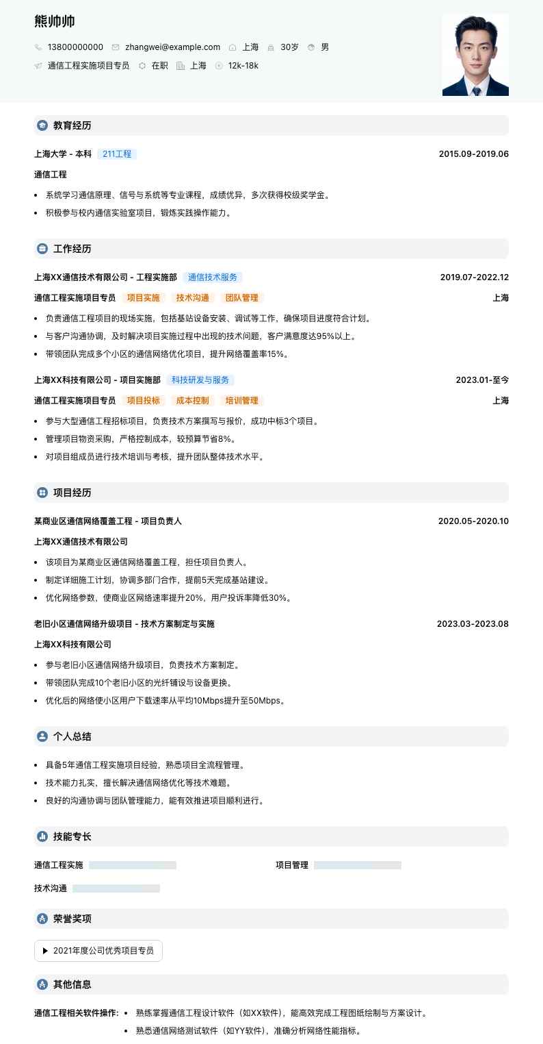 通信工程实施项目专员简历模板