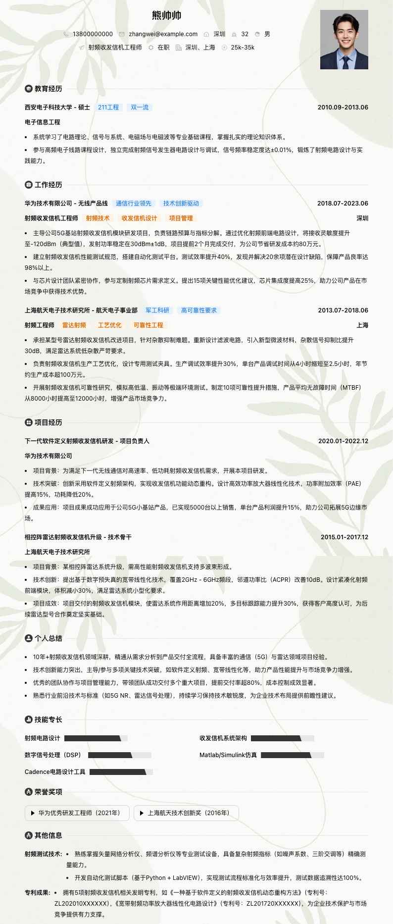 射频收发信机工程师简历模板