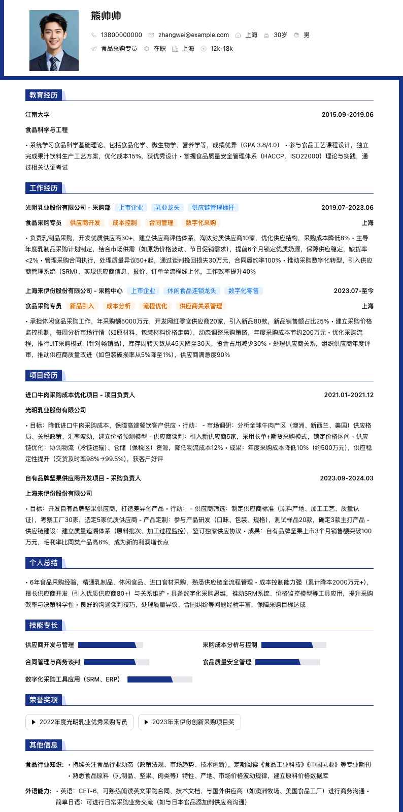 食品采购专员简历模板