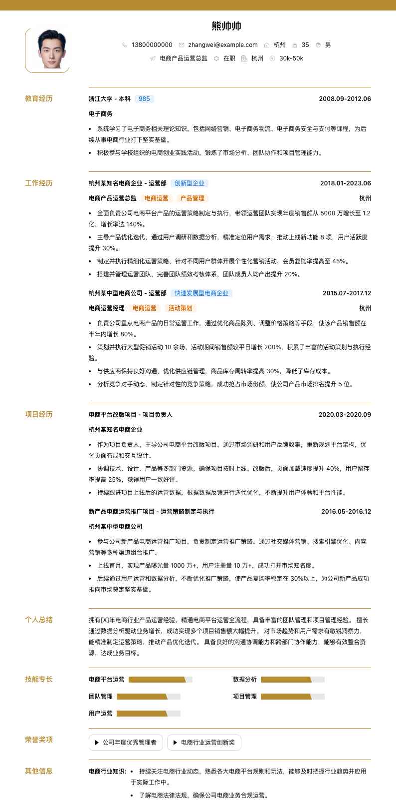 电商产品运营总监简历模板