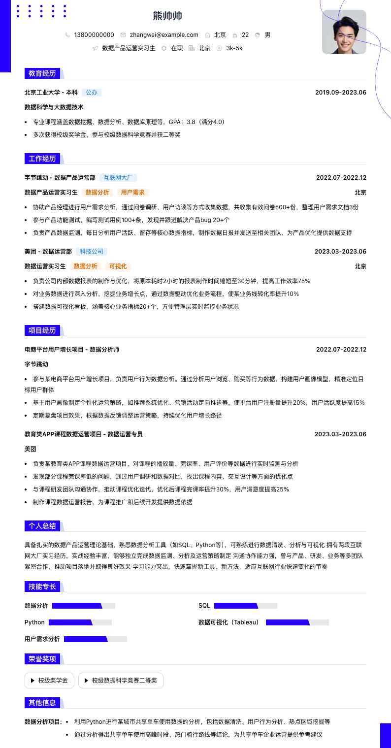 数据产品运营实习生简历模板