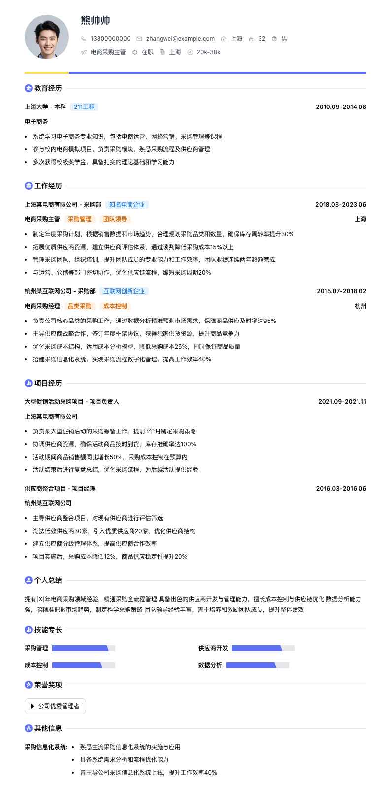 电商采购主管简历模板