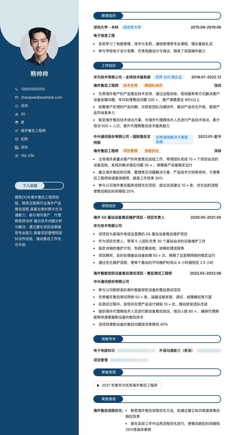 海外售后工程师简历模板