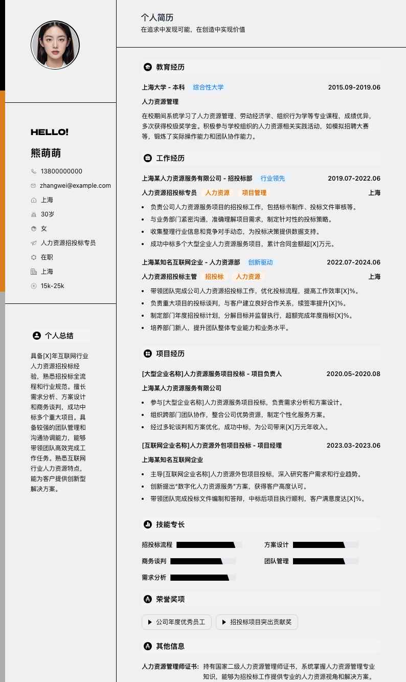 人力资源招投标专员简历模板