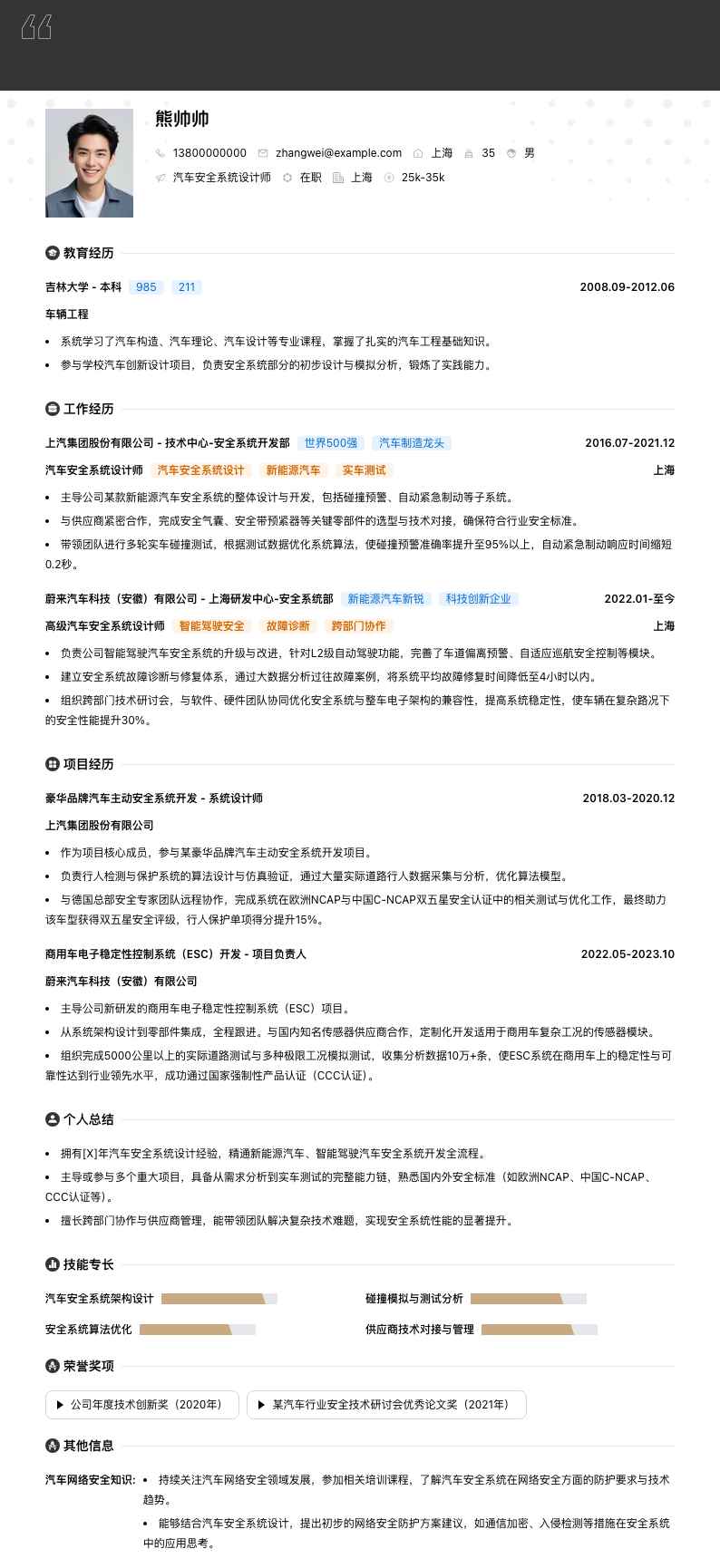 汽车安全系统设计师简历模板