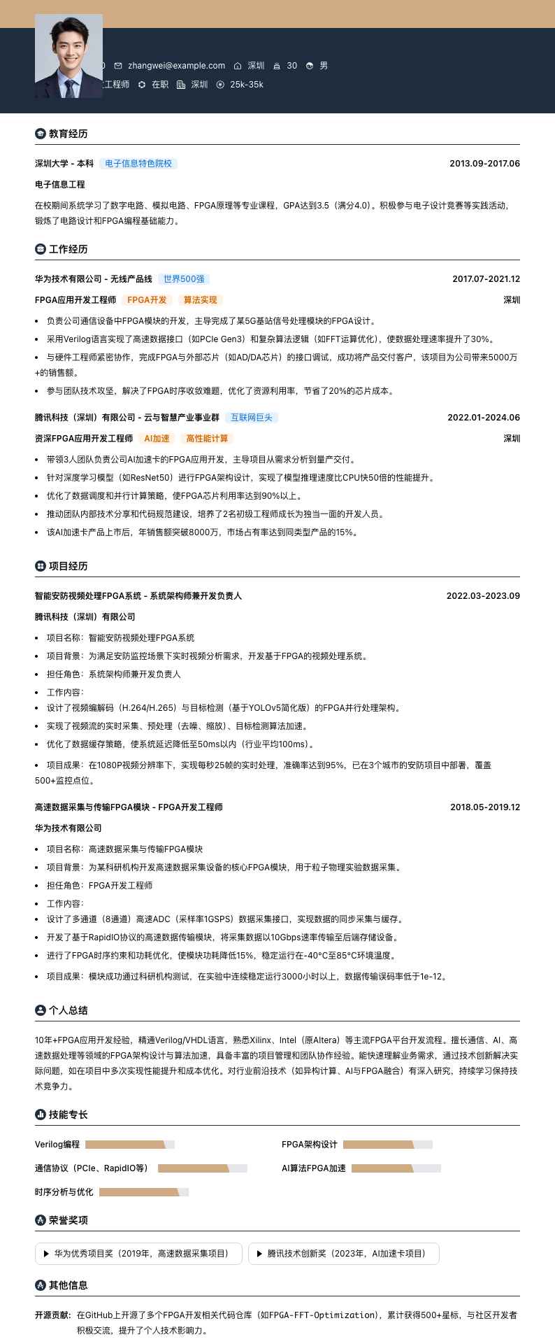 fpga应用开发工程师简历模板