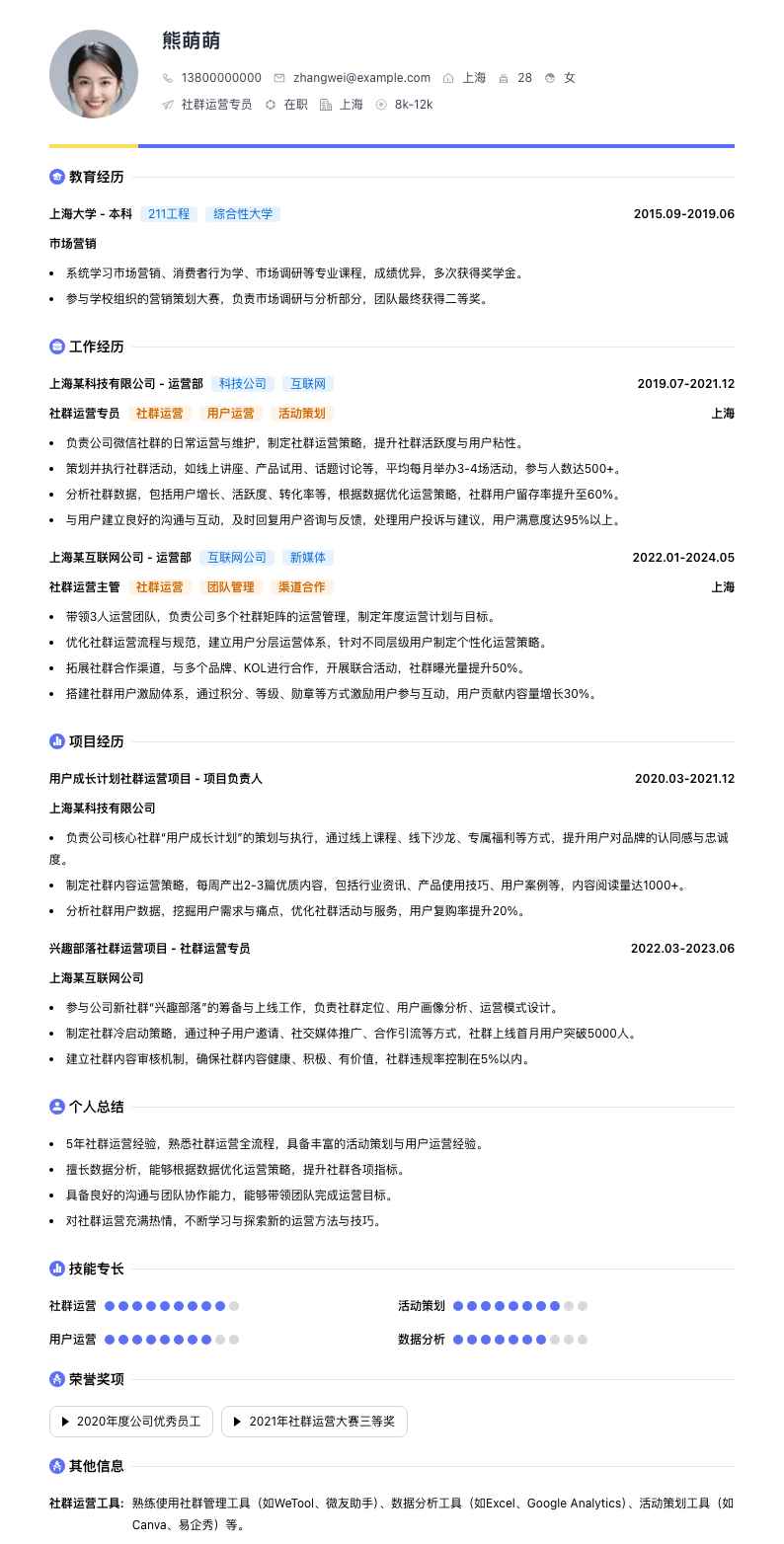 社群运营专员简历模板