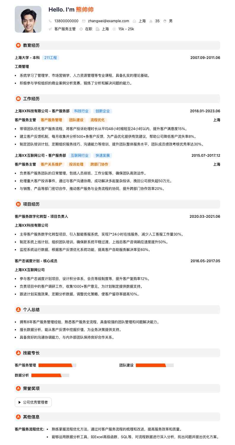 客户服务主管简历模板