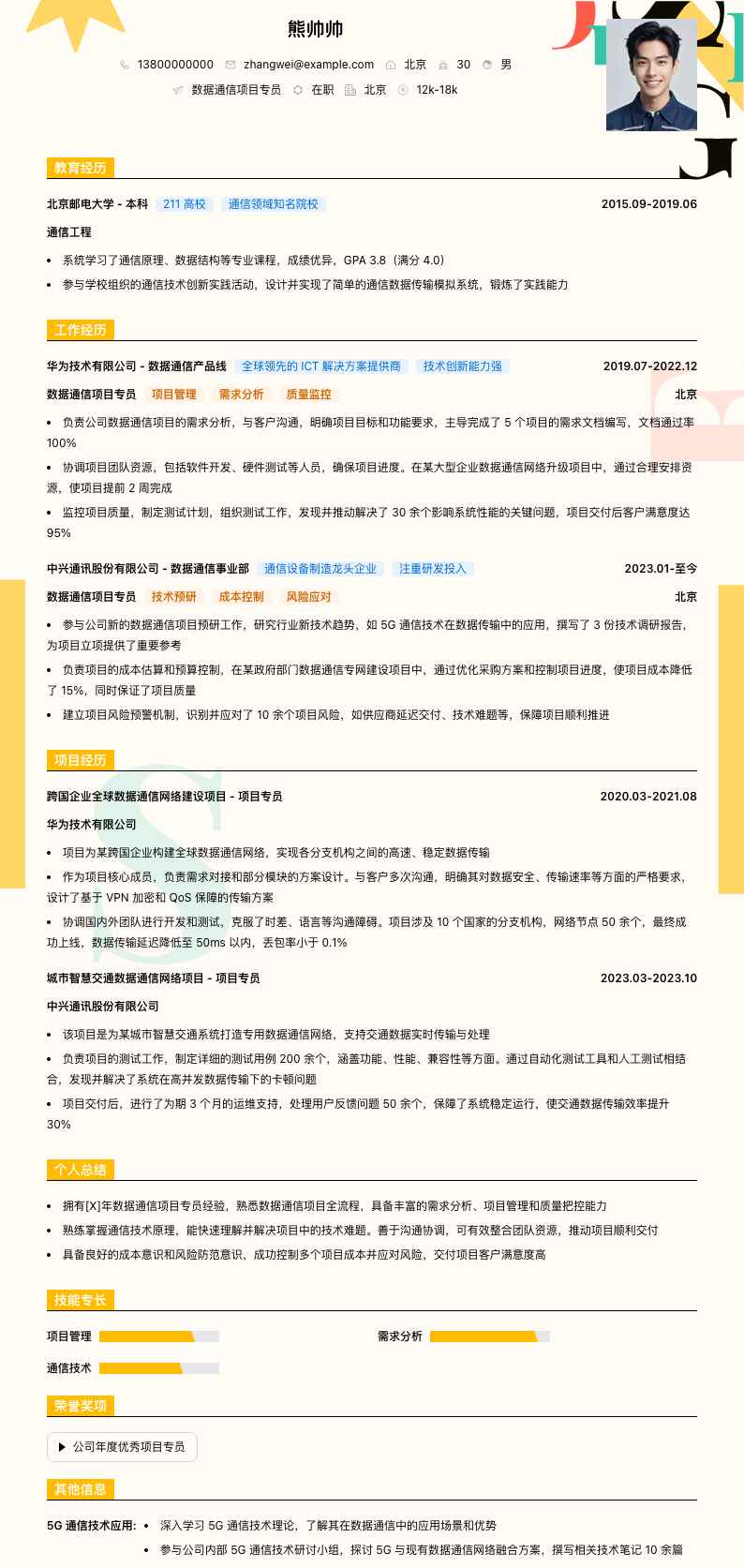 数据通信项目专员简历模板