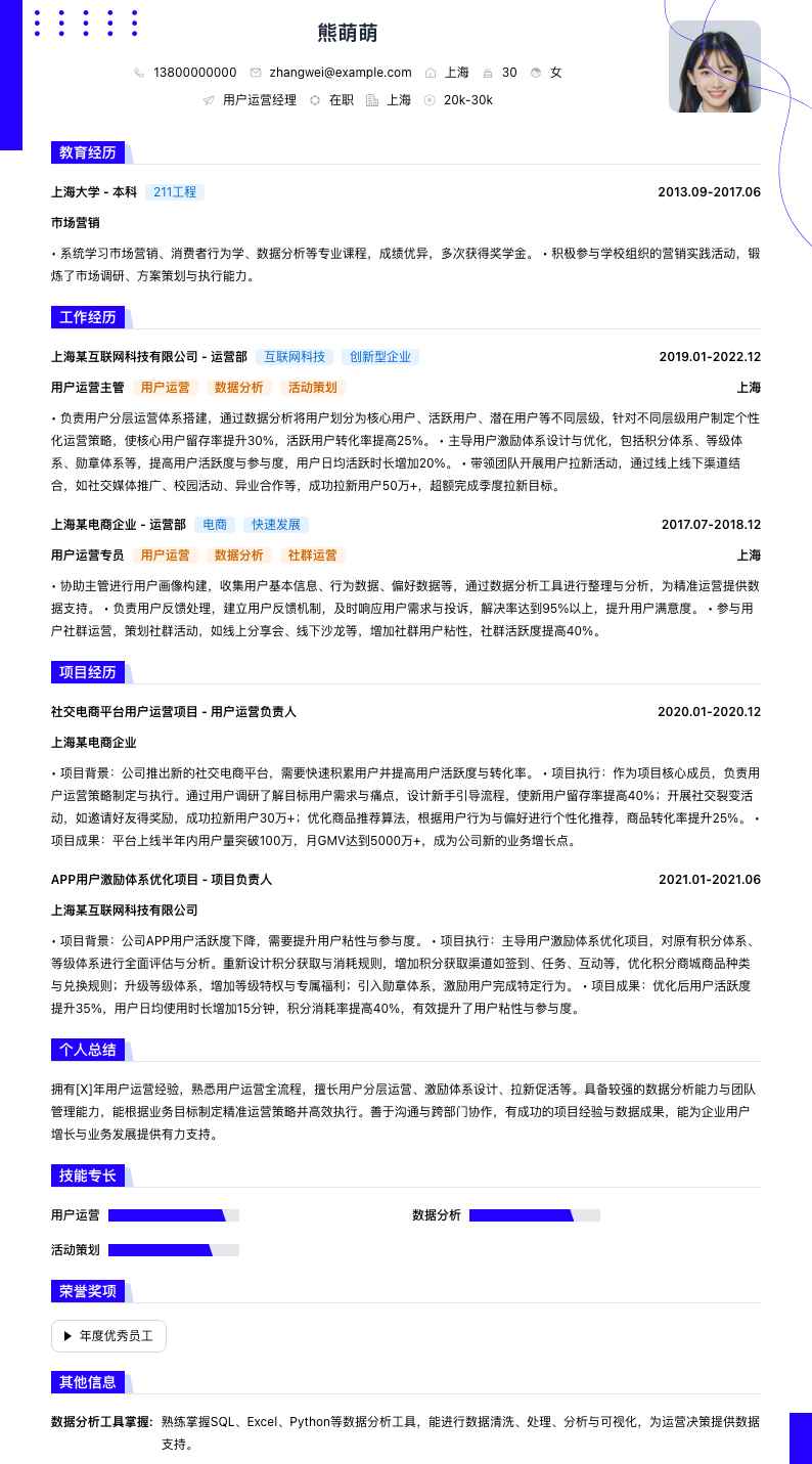 用户运营经理简历模板