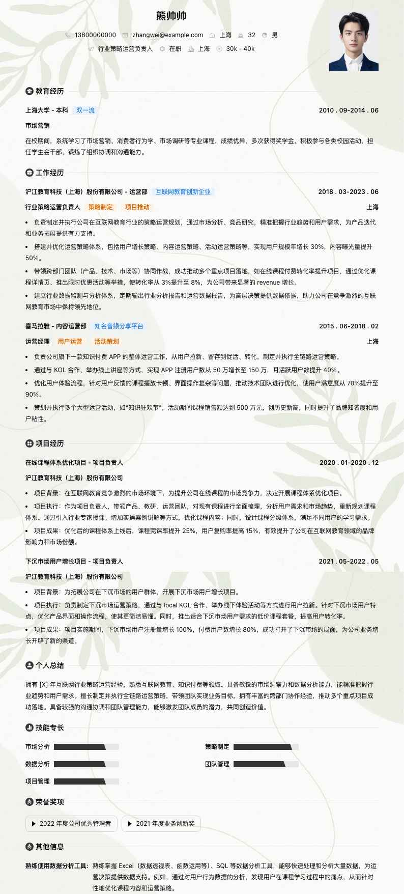 行业策略运营负责人简历模板