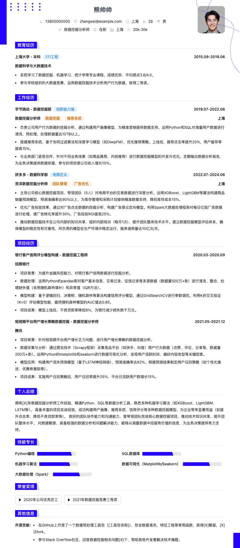 数据挖掘分析师简历模板