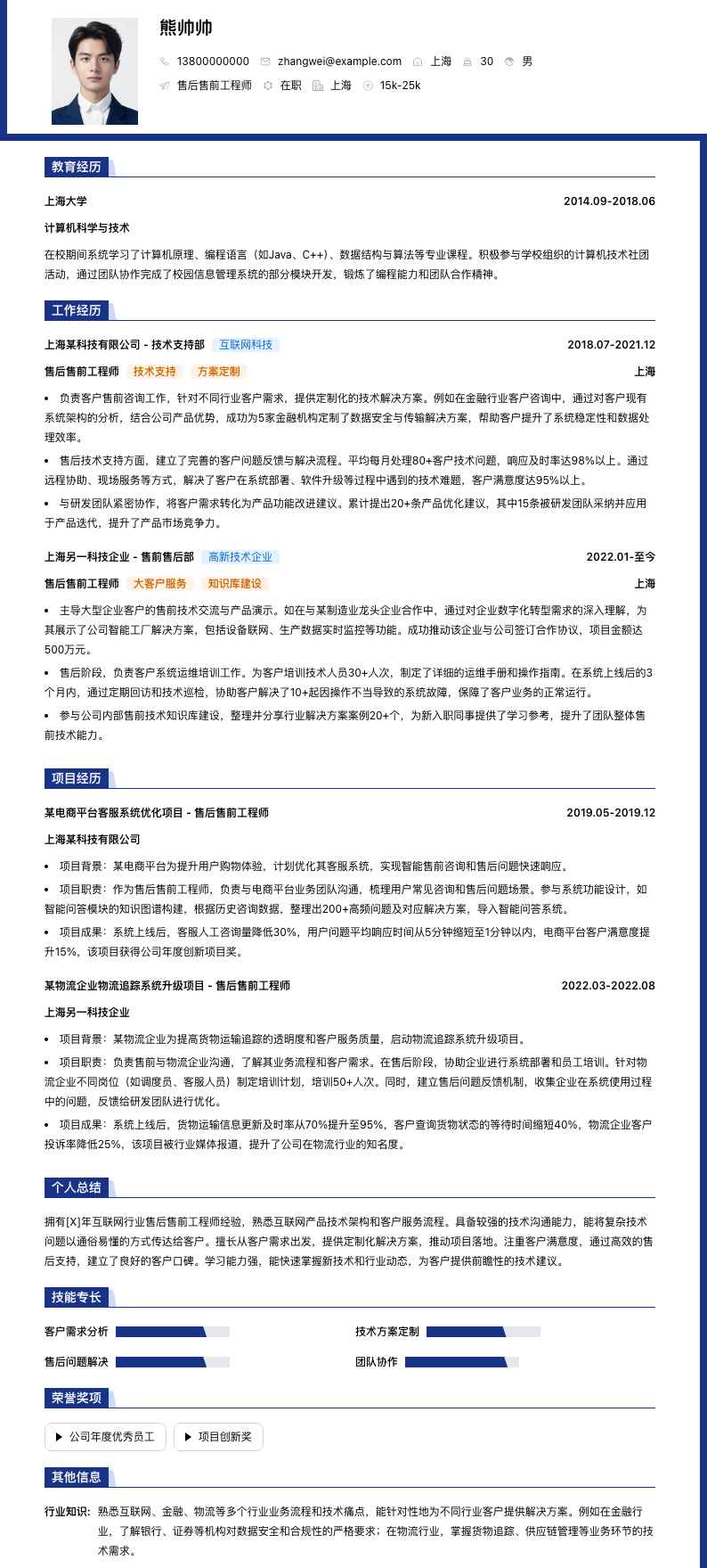 售后售前工程师简历模板