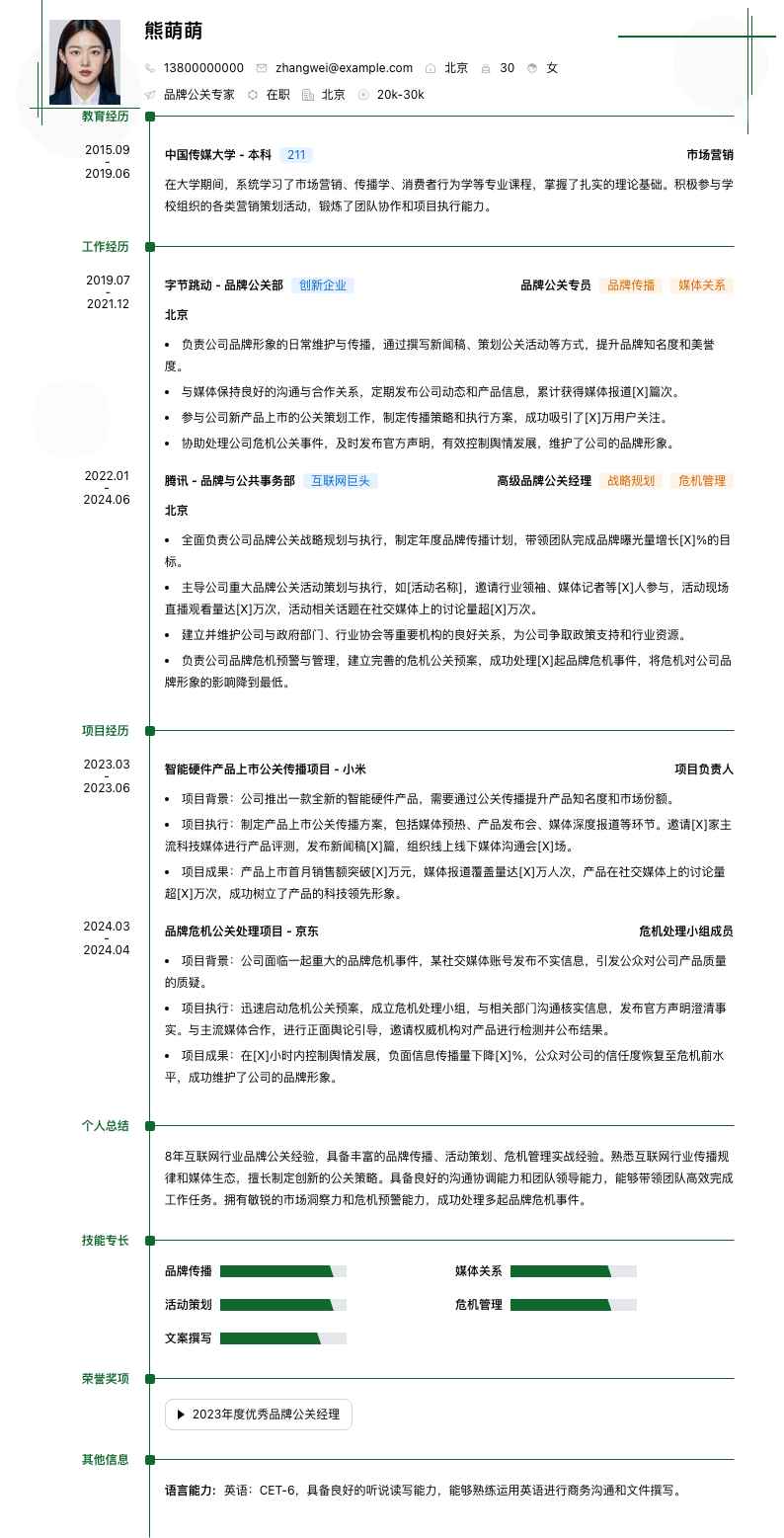 品牌公关专家简历模板
