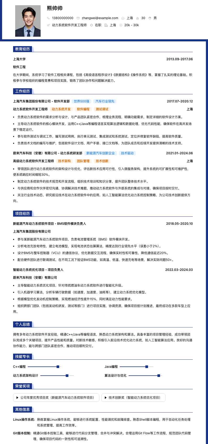 动力系统软件开发工程师简历模板