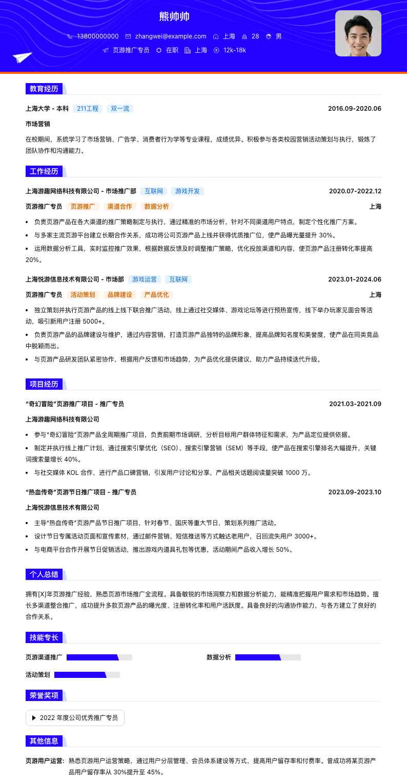 页游推广专员简历模板