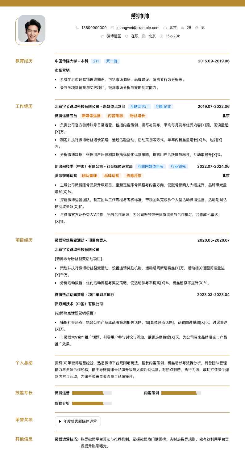 微博运营简历模板