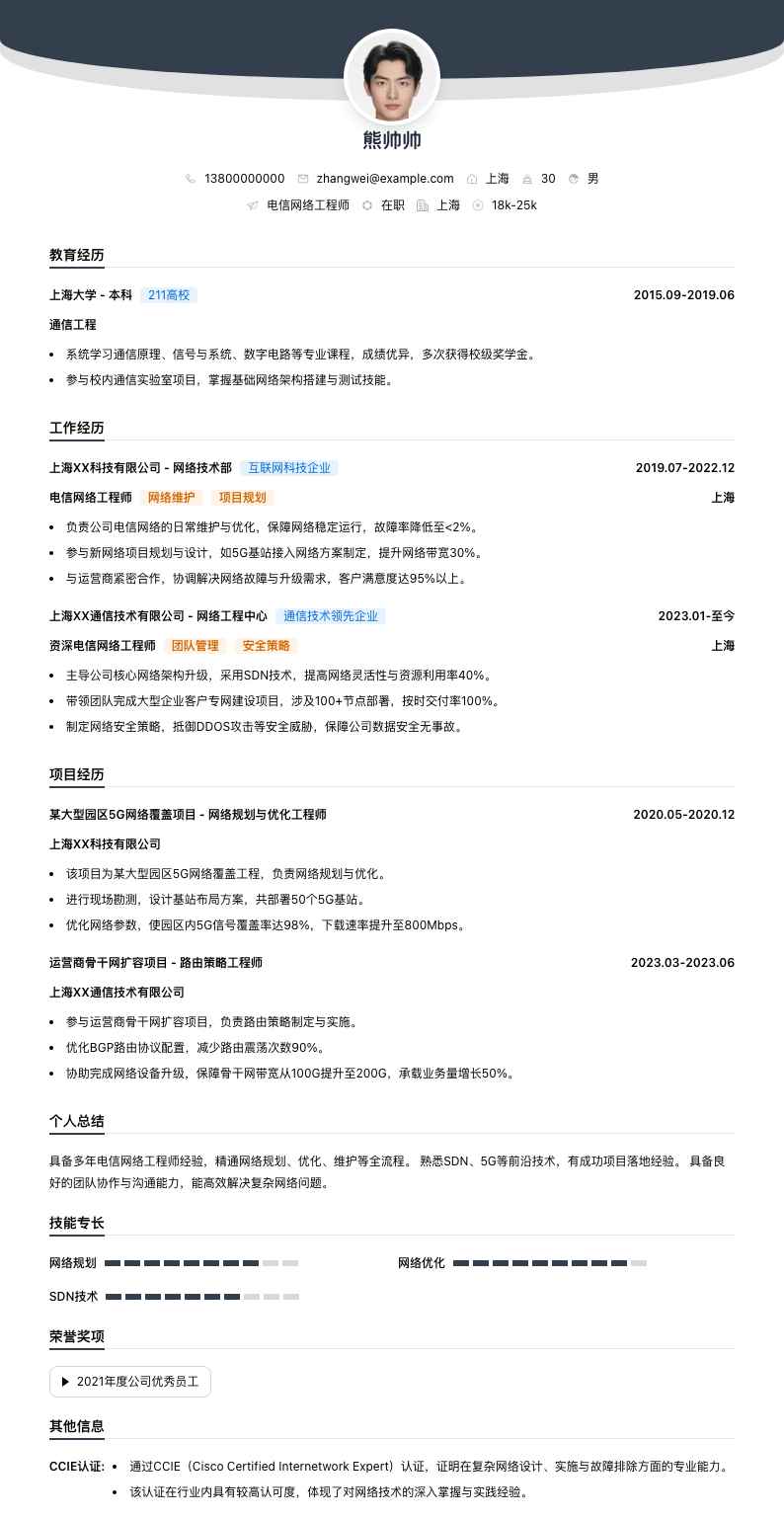 电信网络工程师简历模板