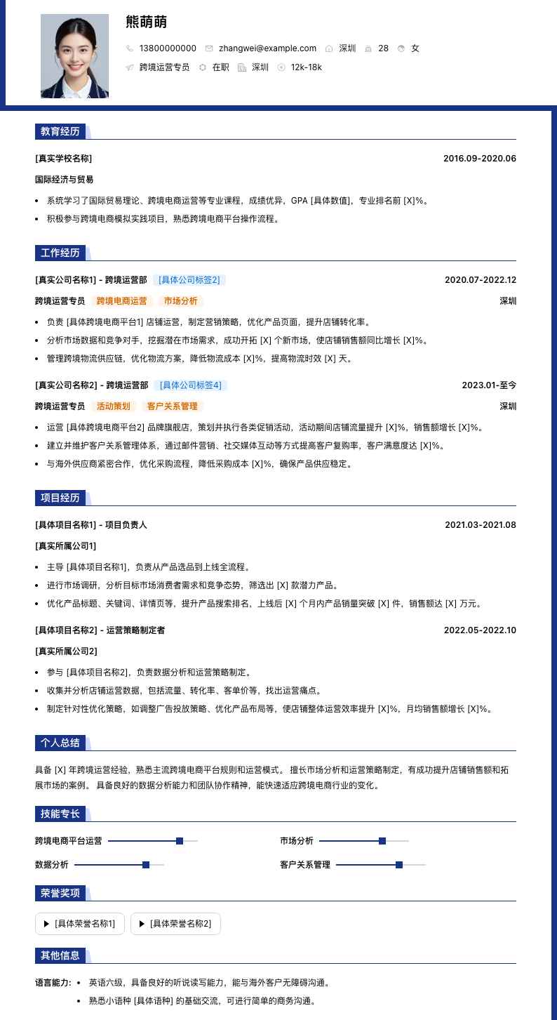 跨境运营专员简历模板