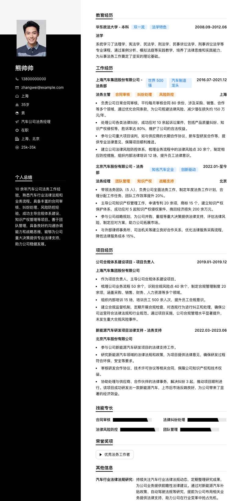 汽车公司法务经理简历模板