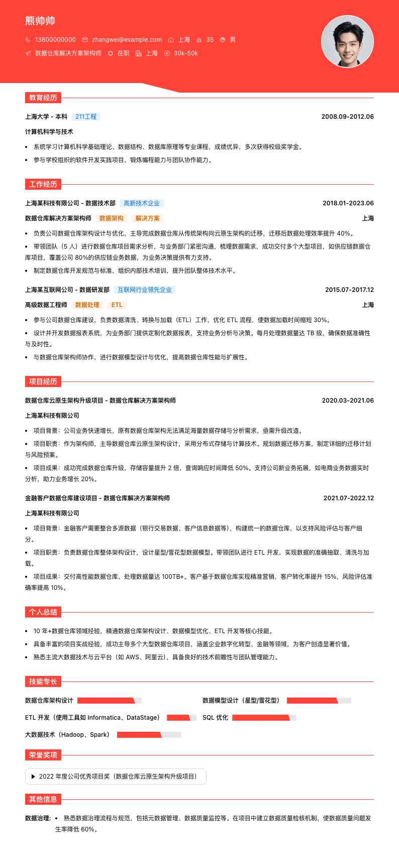 数据仓库解决方案架构师简历模板