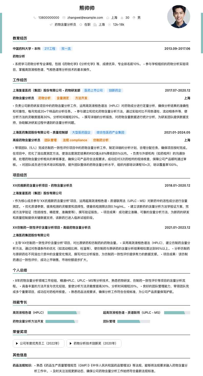 药物含量分析员简历模板