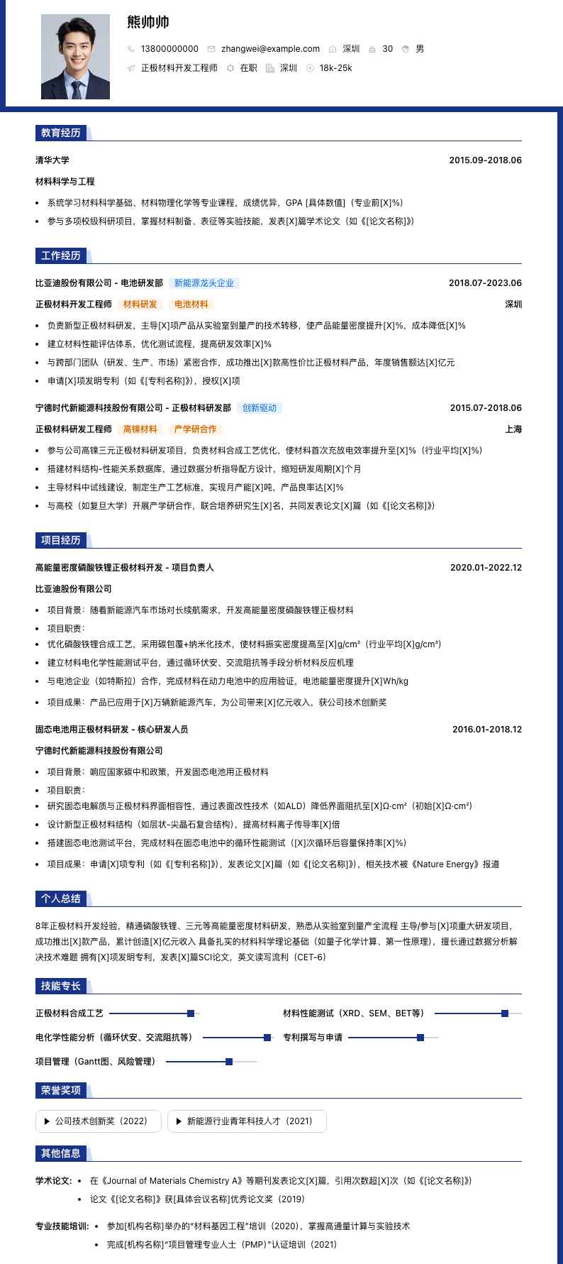 正极材料开发工程师简历模板