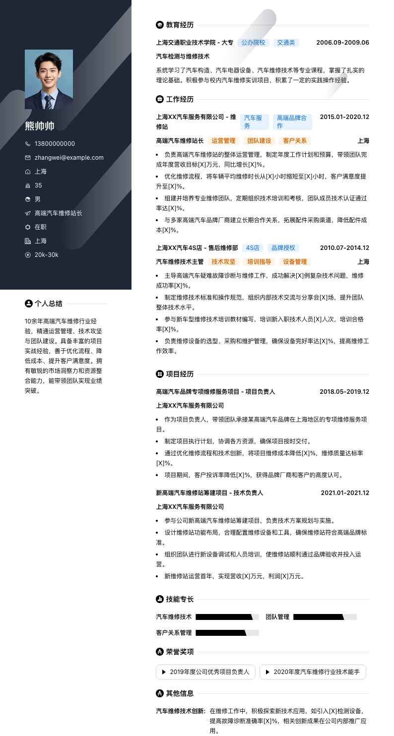 高端汽车维修站长简历模板