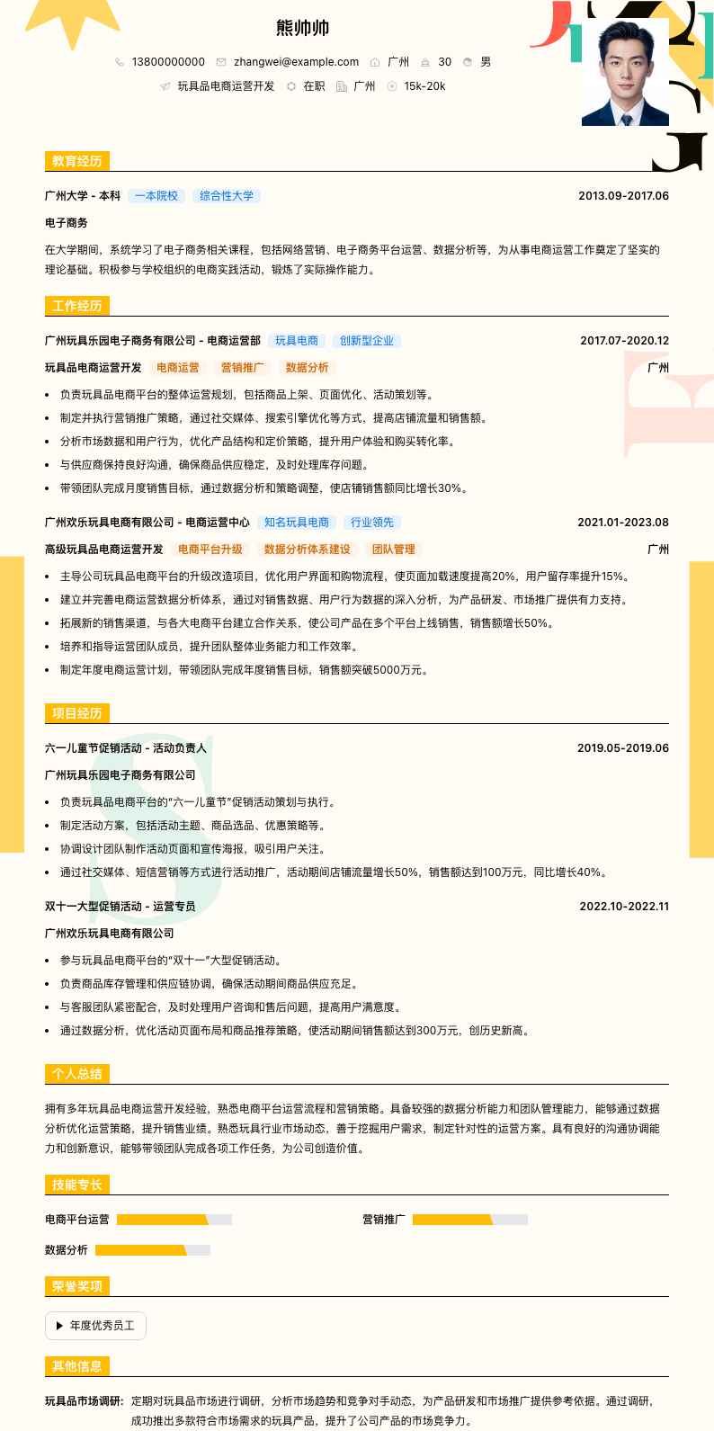 玩具品电商运营简历模板