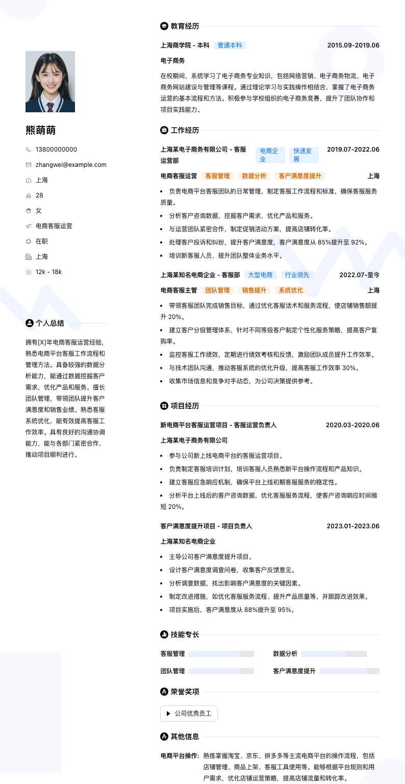 电商客服运营简历模板