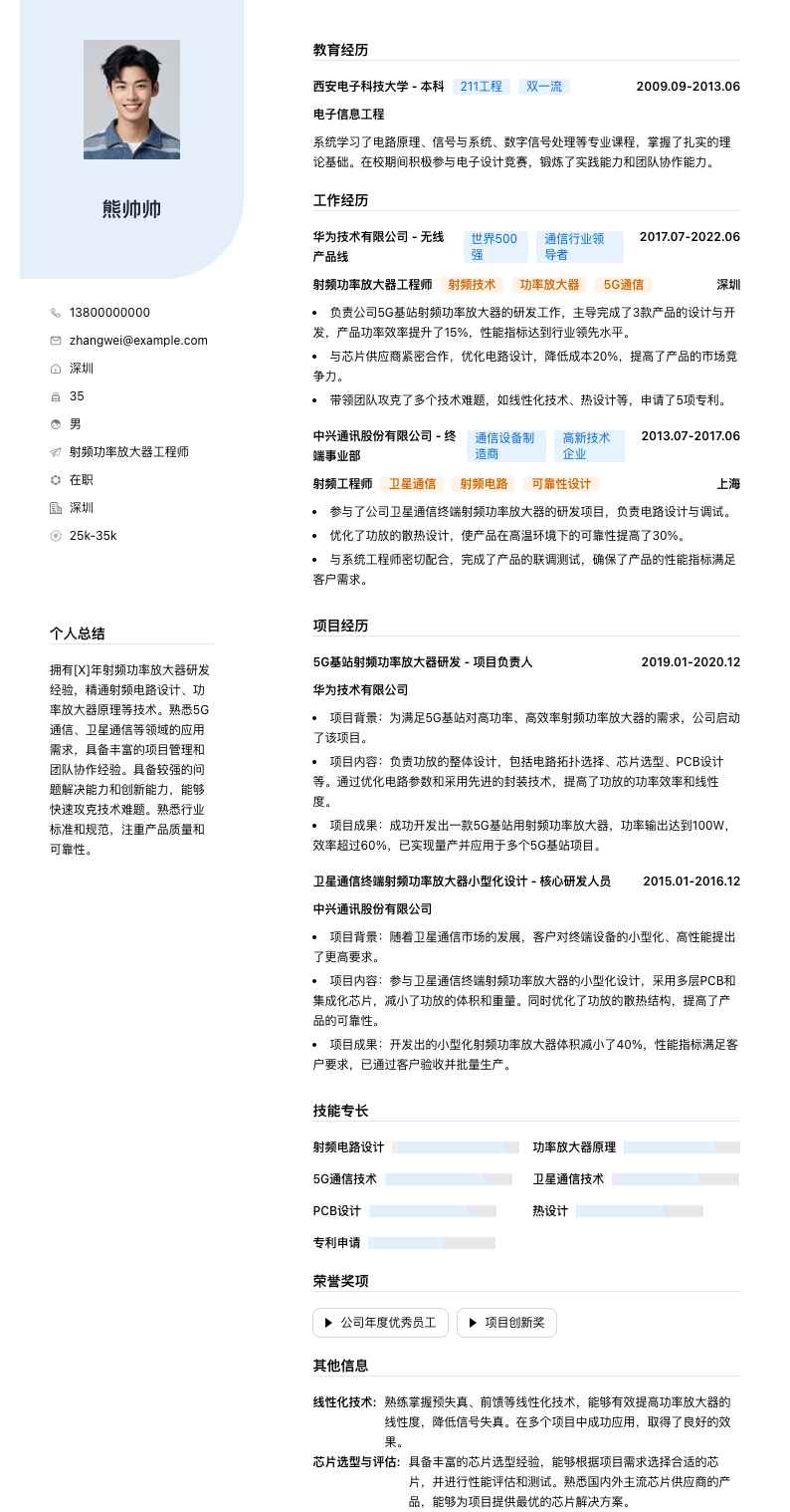 射频功率放大器工程师简历模板
