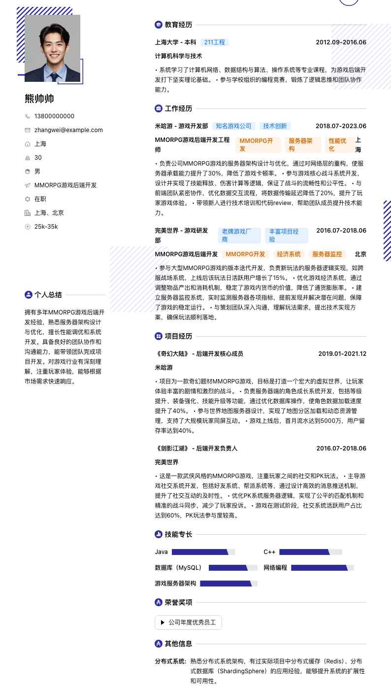 MMORPG游戏后端开发简历模板