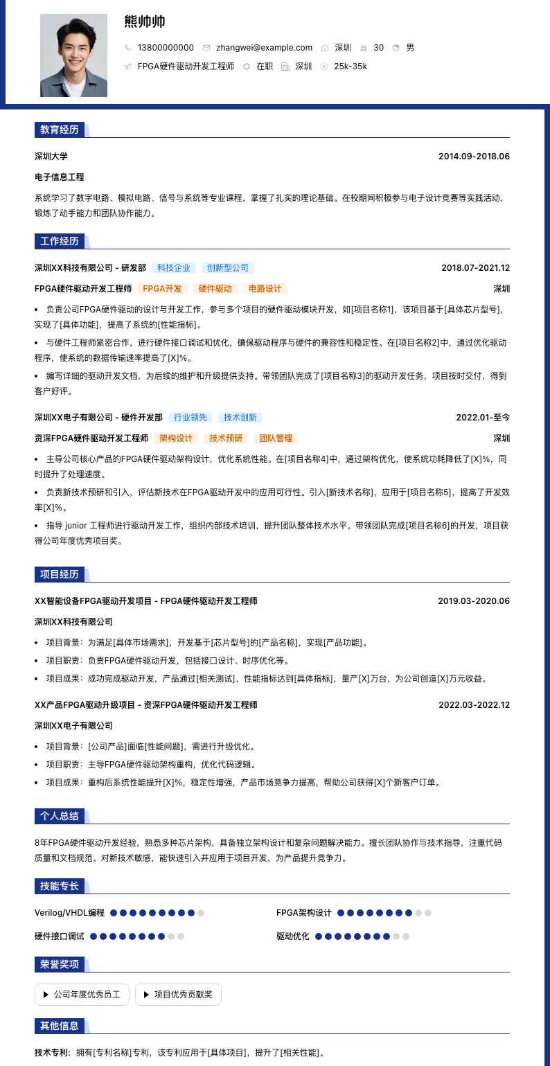 FPGA硬件驱动开发工程师简历模板