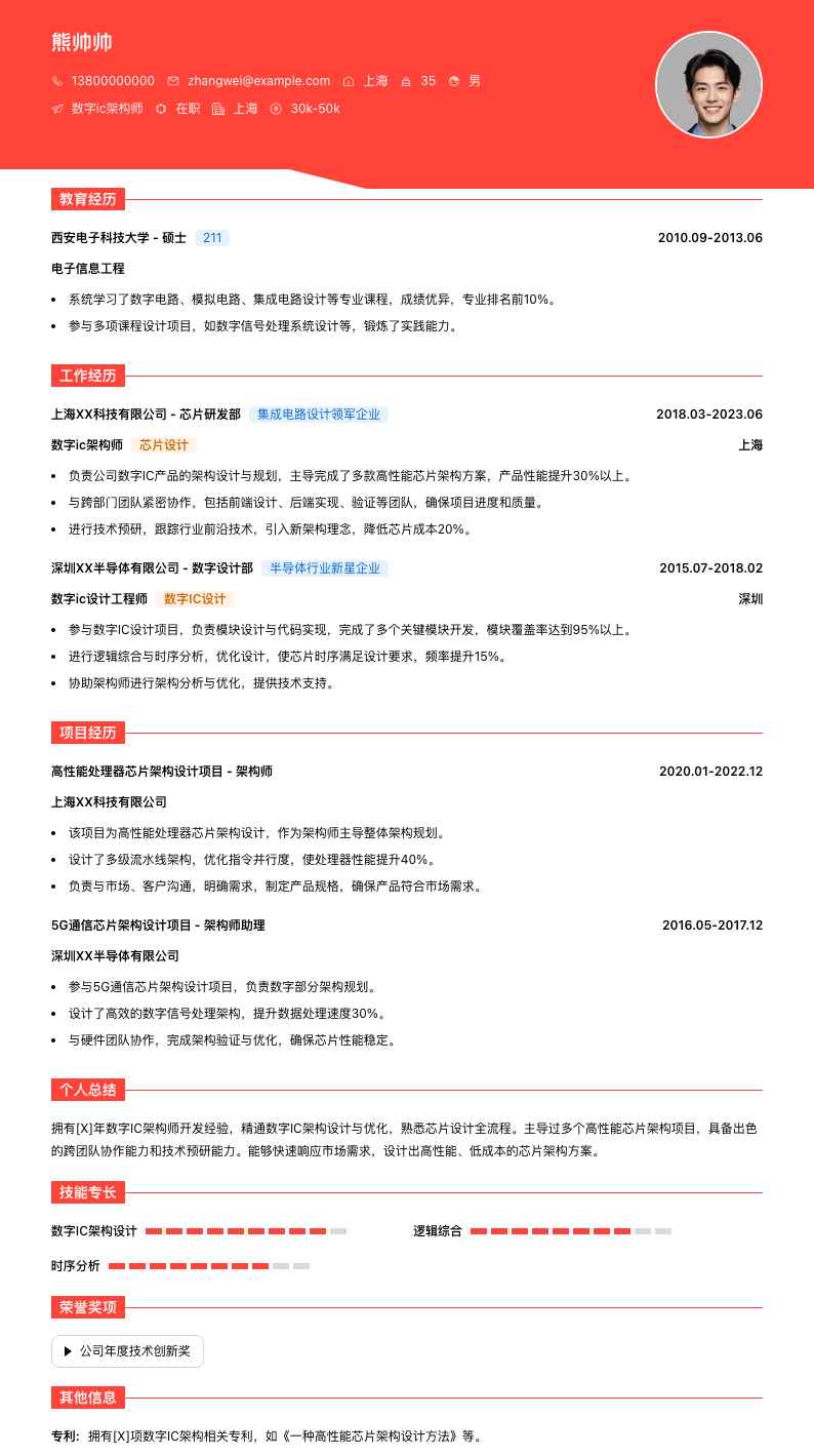 数字ic架构师简历模板