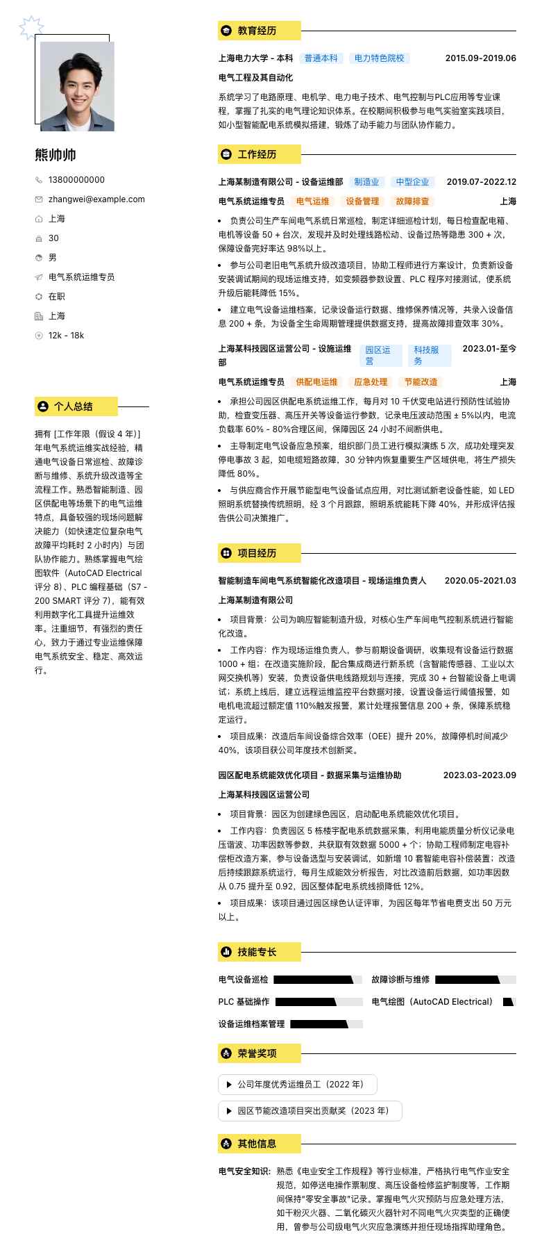 电气系统运维专员简历模板